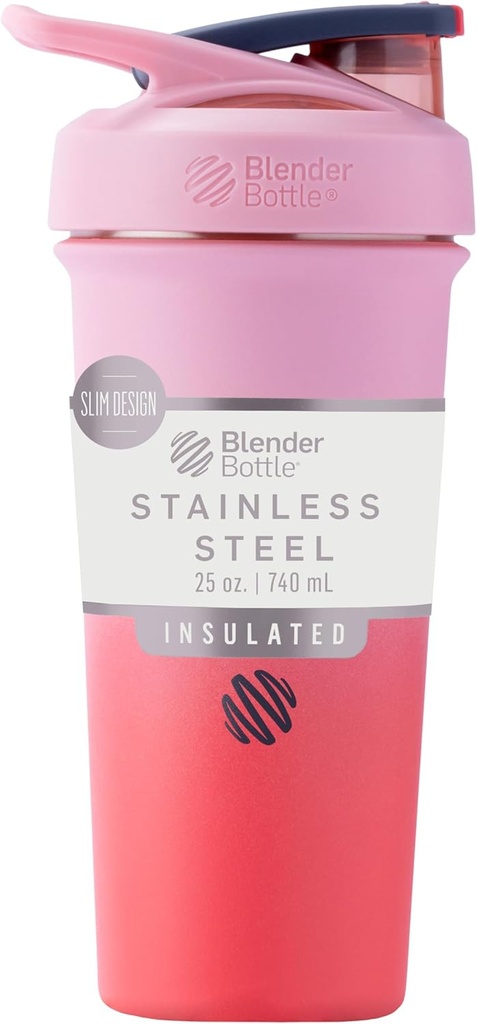 BlenderBottle Sport Sleek Acero Insonorizado Botella con Wire Whisk, 25 onzas, Flamingo Ombre – Protein Shakes " Hydration for Athletes " Fitness Enthusiasts, Mezcla fácil, Slim Easy to Hold, Keeps Drinks Cold, Lockable Lid