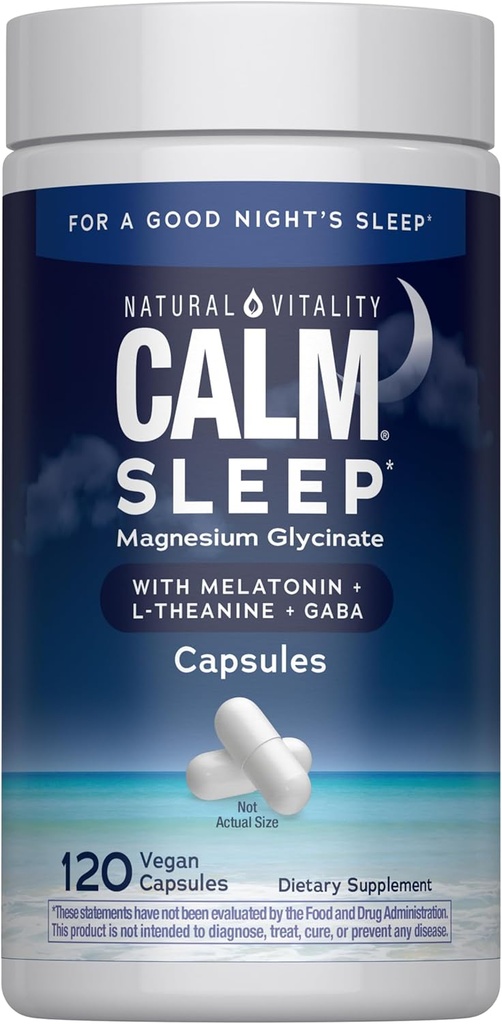 Natural Vitality Calm Sleep Magnesium Suplemento, Melatonin &amp; Magnesium Citrate, Sleep Aid Capsules, Gluten Free, Vegan, Non-GMO, Ayuda al cuerpo Ease Into Sleep, 120 cápsulas