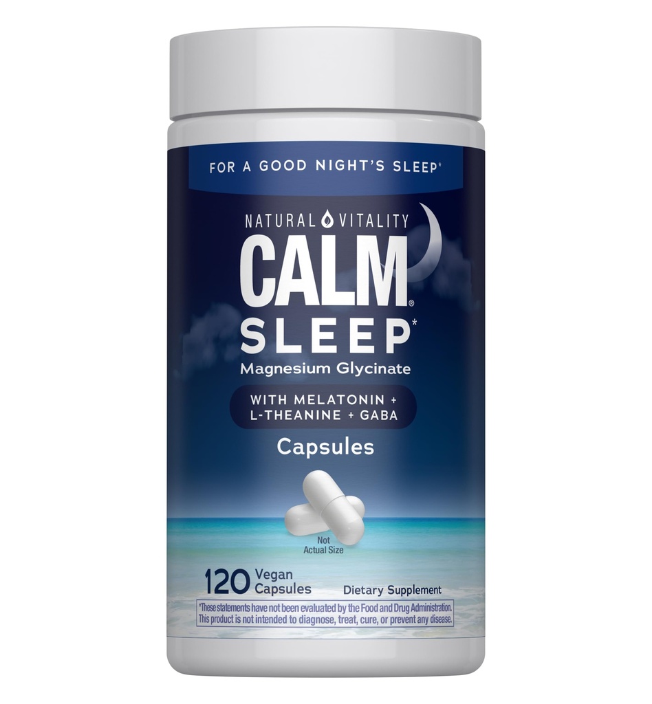 Natural Vitality Calm Sleep Magnesium Suplemento, Melatonin &amp; Magnesium Citrate, Sleep Aid Capsules, Gluten Free, Vegan, Non-GMO, Ayuda al cuerpo Ease Into Sleep, 120 cápsulas