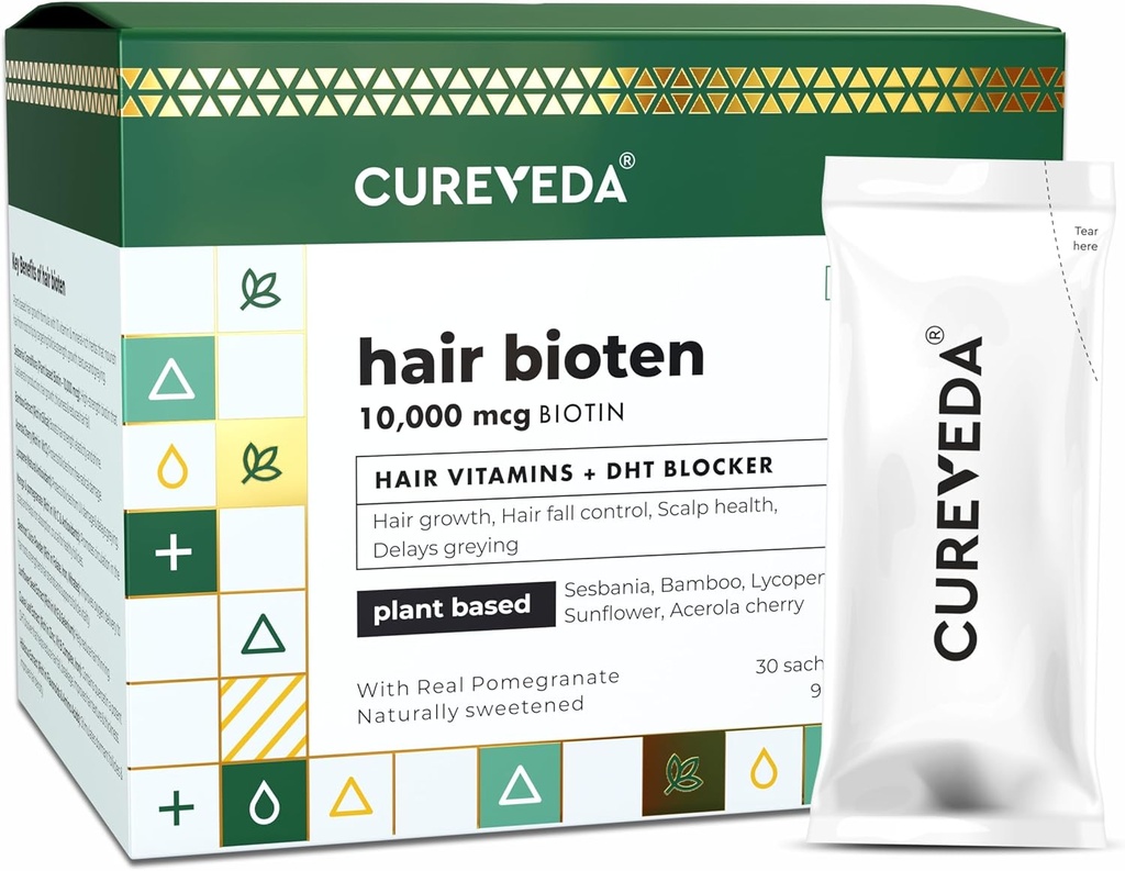 Cureveda Curveda Grow Plant Based Biotin 10000 Mcg Powder Suplemento para Unisex, Beneficios Saneamiento Saludable y Crecimiento del Cabello, No Añadido Sugar, Natural Pomegranate Flavour 150 g (Pack of 1) Crecimiento-1