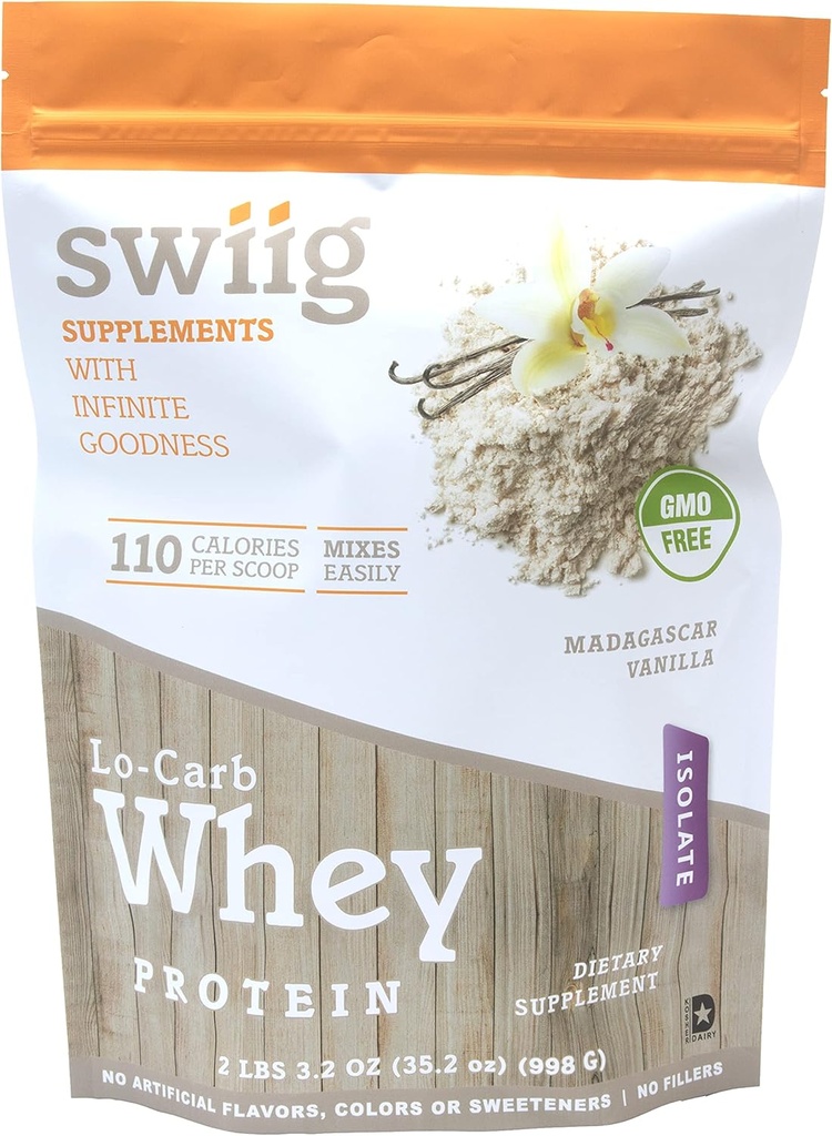 swiig Lo-Carb Whey Protein Powder, Madagascar Vanilla, Isolate, No Artificial Flavors, Colors or Sweeteners, No Fillers, 2.2 Pound Bag