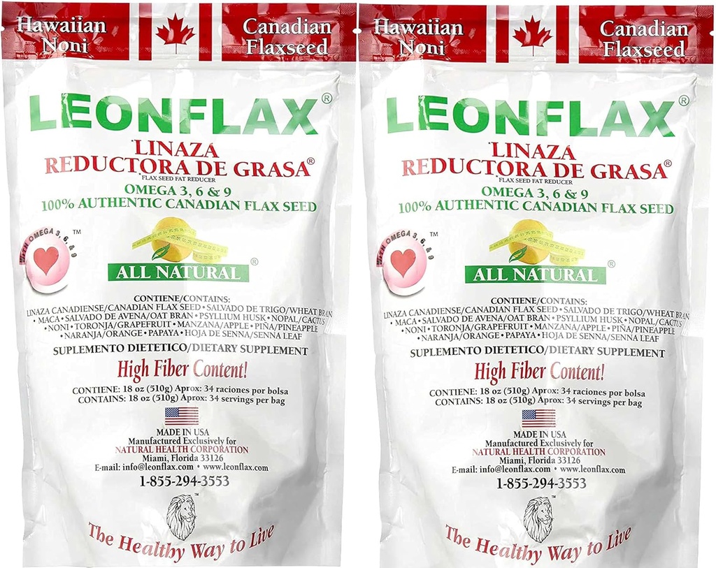 Leonflax 100% Authentic Canadian Flax Seed Powder, All Natural, High Fiber Content, Dietary Supplement to Improve Your Digestive Health, Omega 3, 6 &amp; 9, 18 Oz, Bag (1) (2)