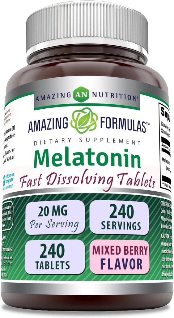 Amazing Formulas Melatonin Fast Dissolving Suplemento ← Mixed Berry Flavor TEN 20 Mg Por Serving TEN 240 Tablets ← Non-GMO TEN Gluten-Free TEN Made in USA