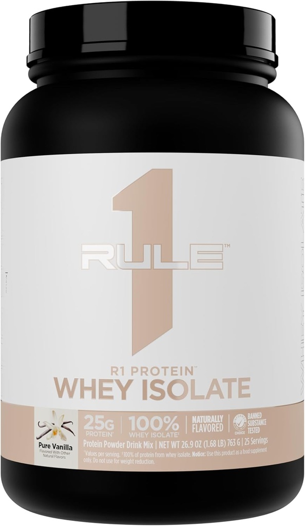 Rule 1 Naturally Flavored R1 Protein Whey Isolate - Clean Formula with 25g Protein & 6g BCAA Exclusively Isolated & Hydrolyzed Sources for Workout Recovery (1.7 Pounds*, Pure Vanilla)