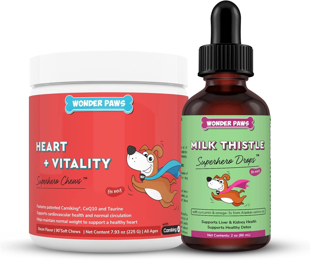 WONDER PAWS Heart + Vitality Superhero Chews Plus Milk Thistle Drops - para perros Heart Health, Circulation, Liver & Immune Support - Heart + Vitality 90 Chews - Milk Thistle Drops 2 Ounces