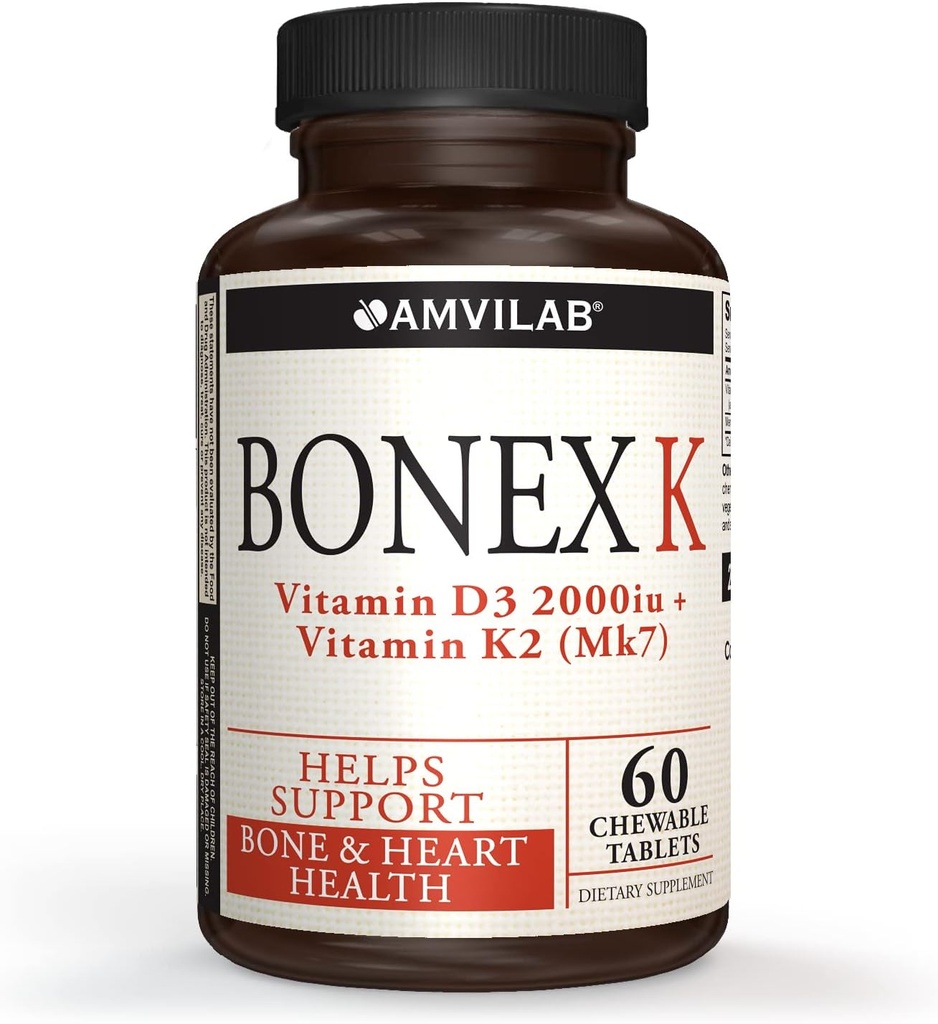 Bonex K Complemento útilVitamin D & K Complex vidasApoyos Corazón, Huesos &amp; Dientes Salud  2000IU Vitamina D3 &amp; 75mcg Vitamin K2 vidasNon-GMO vidasSmall &amp; Easy to Swallow vidas60 Day Supply Chewable Tablets