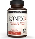 Bonex K Complemento útilVitamin D & K Complex vidasApoyos Corazón, Huesos &amp; Dientes Salud  2000IU Vitamina D3 &amp; 75mcg Vitamin K2 vidasNon-GMO vidasSmall &amp; Easy to Swallow vidas60 Day Supply Chewable Tablets