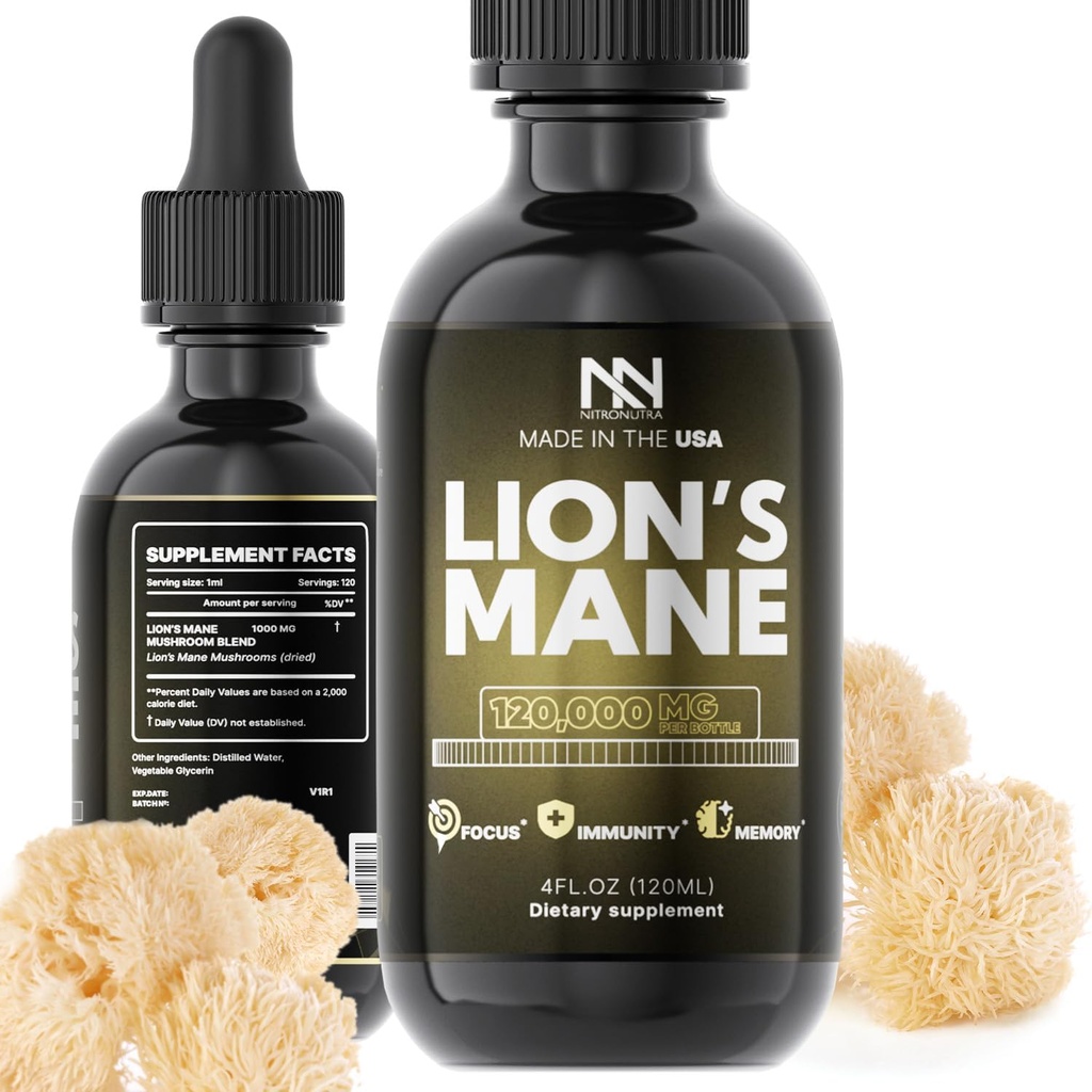 Lions Mane Mushroom Suplemento - Organic Lions Mane Extract for Brain Health, Memory, Focus &amp; Immune Support - Nootropic Vegan Liquid Tincture - Made in USA - 4 Fl Oz