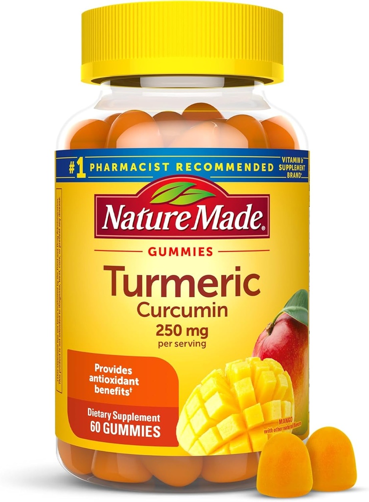 Nature Made Turmeric Curcumin 250mg Por Serving, Suplemento dietético para soporte antioxidante, 60 Gummies, 30 Day Supply
