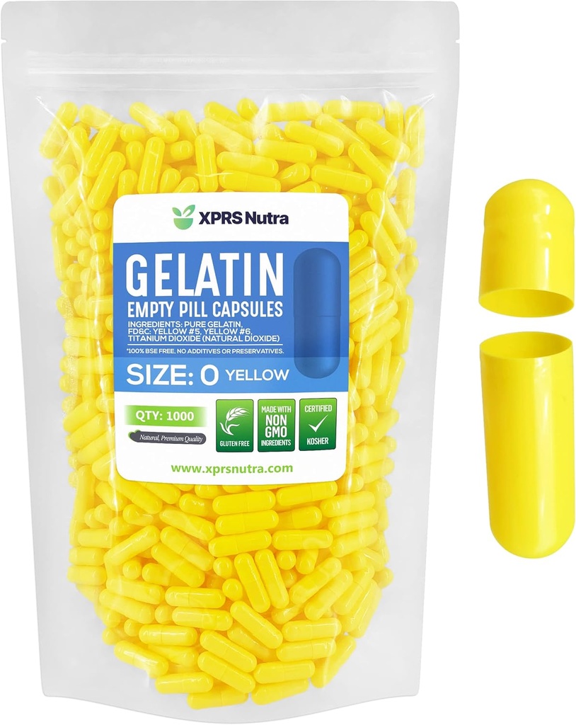 XPRS Nutra Size 0 Empty Capsules - 1000 Count Empty Gelatin Capsules - Pills DIY Capsule Filling - Pure Bovine Pill Gel Caps for Do-It-youself Supplements (Yellow)
