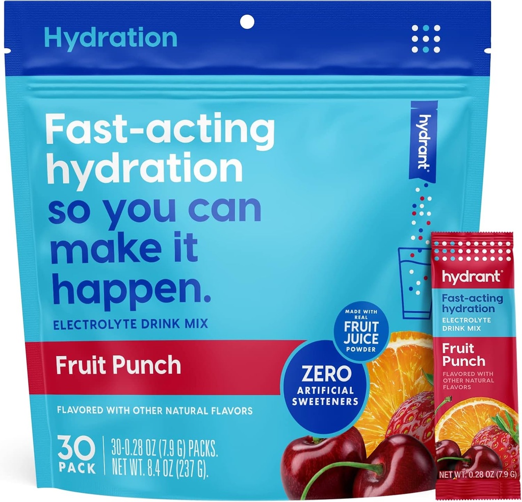 HYDRANT - Hydration Powder, Fruit Punch Flavor, 30 Individual Instant Electrolyte Rehydration Packets - Low Sugar Drink Mix for Daily Use, Travel & Workouts