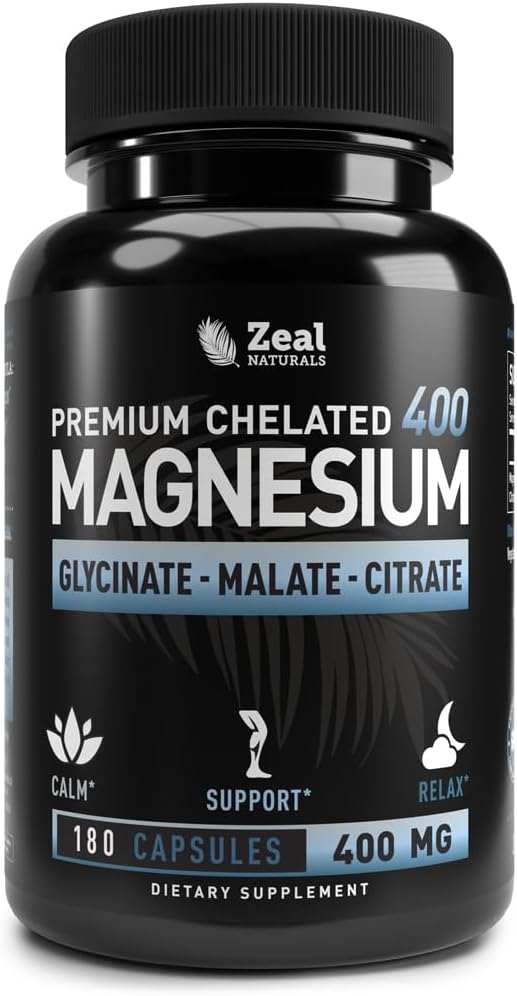 Magnesio Chelated Glycinate Premium, Malate, Citrate (400mg tención 180 Capsules) Complejo de Magnesio Triple Blend w. Magnesium Malate Magnesium Glycinate y Magnesium Citrate