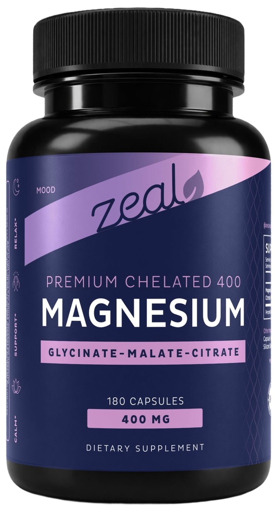 Magnesio Chelated Glycinate Premium, Malate, Citrate (400mg tención 180 Capsules) Complejo de Magnesio Triple Blend w. Magnesium Malate Magnesium Glycinate y Magnesium Citrate