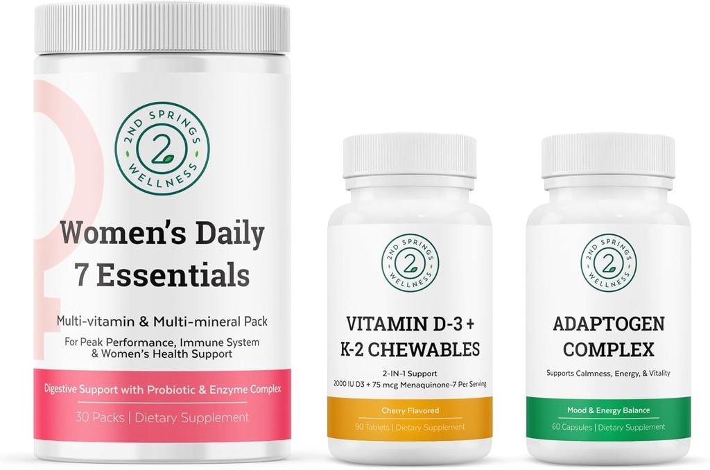 Women's Daily 7 Essentials, Vitamina D3 + K2 Chewables & Adaptogen Complex Bundle