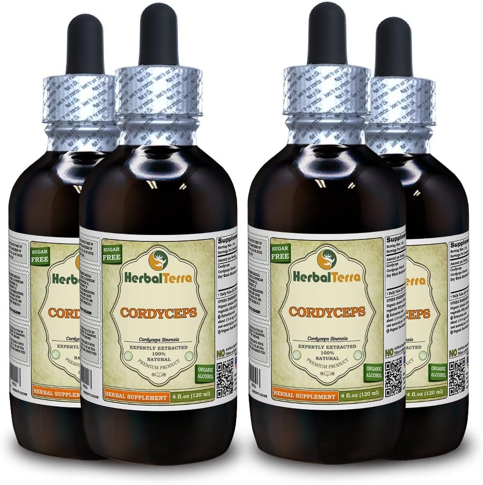 Cordyceps (Cordyceps Sinensis) Tincture, Orgánica Dried Mushroom Powder Liquid Extract (Marca: HerbalTerra, Proudly Made in USA) 4x4 fl.oz (4x120 ml)