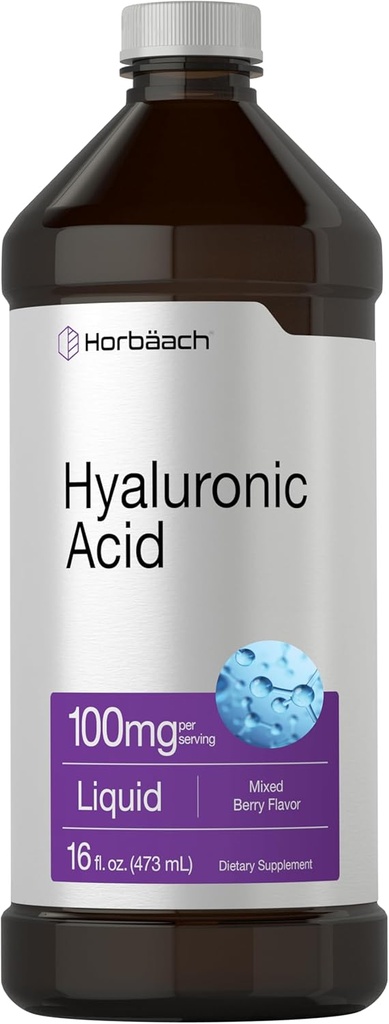 Horbäach Liquid Hyaluronic Acid Suplemento TEN 100 mg TEN 16 oz TENIDO Berry Flavor mezclado TENIDO Non-GMO y Gluten Free Formula