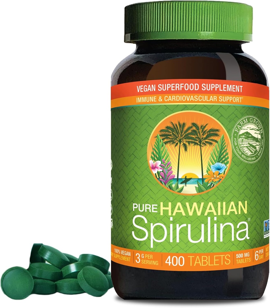 Nutrex Hawaii, Pure Hawaiian Spirulina 500 mg, Vegan, apoya el sistema inmunológico, corazón, células y energía, 400 tabletas