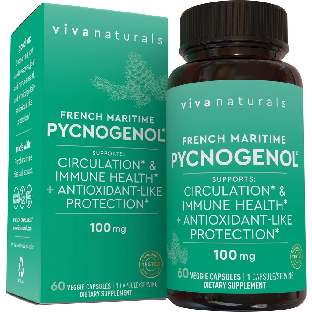 Viva Naturals Pycnogenol - 100mg French Maritime Pine Bark Extract – Supports Circulation, Antioxidant-Like Activity, Joints & Immune Health and Function – 60 Veggie Capsules