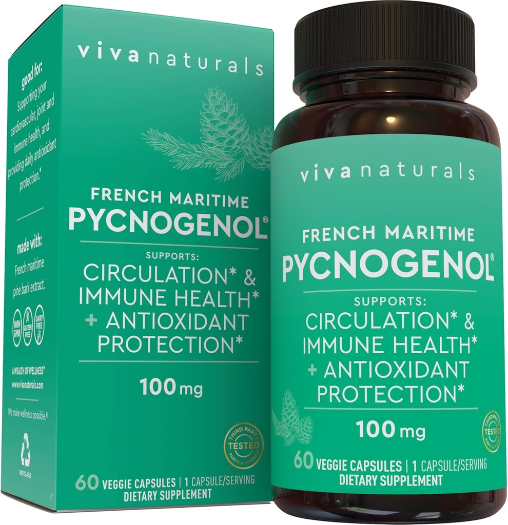 Viva Naturals Pycnogenol - Extracto de pino marítimo francés de 100 mg – apoya la circulación, actividad antioxidante-me gusta, salud y función conjunta – 60 cápsulas vegetales