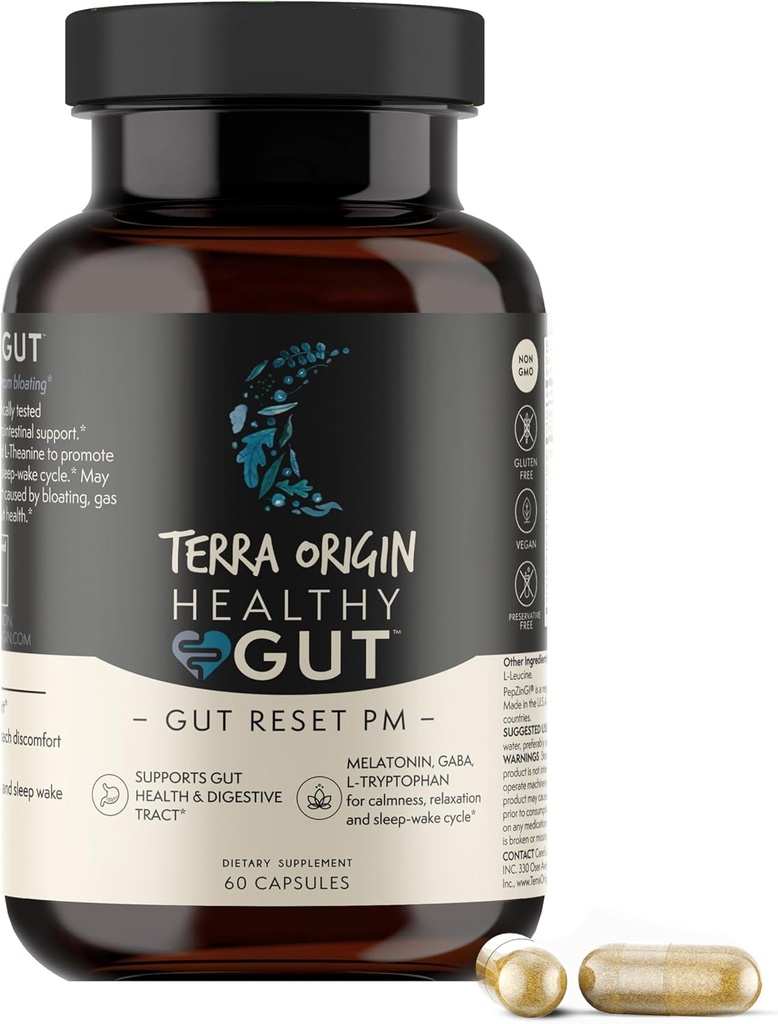 TERRA ORIGIN Healthy Gut Reset PM TENIDO 60 Veggie Capsules ← Natural Sleep Aid Supplement for Sleep & Wake Cycles ← GABA, L-Tryptophan, Melatonin, L-Glutamine, Licorice Root, Slippery Elm Root