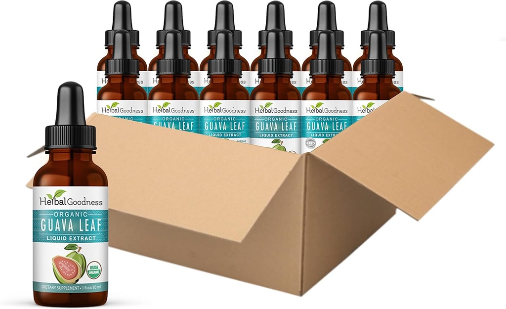 Extracto de hoja de Guava - Hoja de Guava Natural - Soporte Pelo, Piel &amp; uñas, Digestión &amp; Inmunidad - Salud y Bienestar - No GMO -1oz Liquid - Herbal Goodness (Pack of 12)