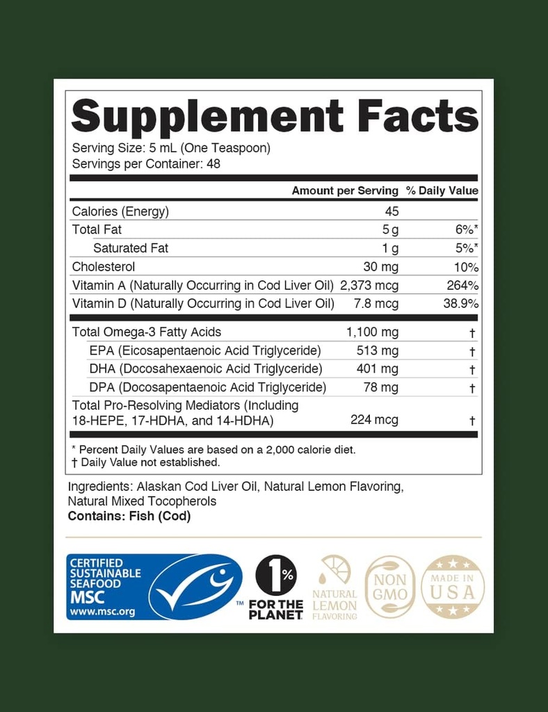 STEWARD - Wild-Caught Alaskan Liquid Cod Liver Oil 8 oz. | Omega-3's EPA, DHA, DPA and SPMs + Natural Vitamins A & D