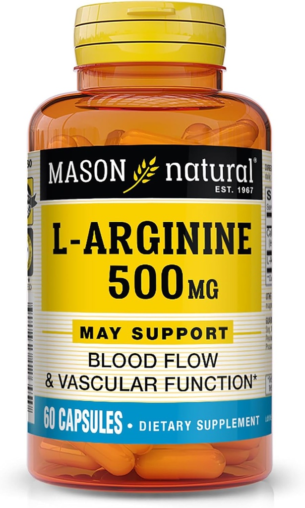 MASON NATURAL L-Arginina 500 mg con soportes de calcio Circulación saludable " Función vascular, Suplemento de óxido nítrico, 60 cápsulas