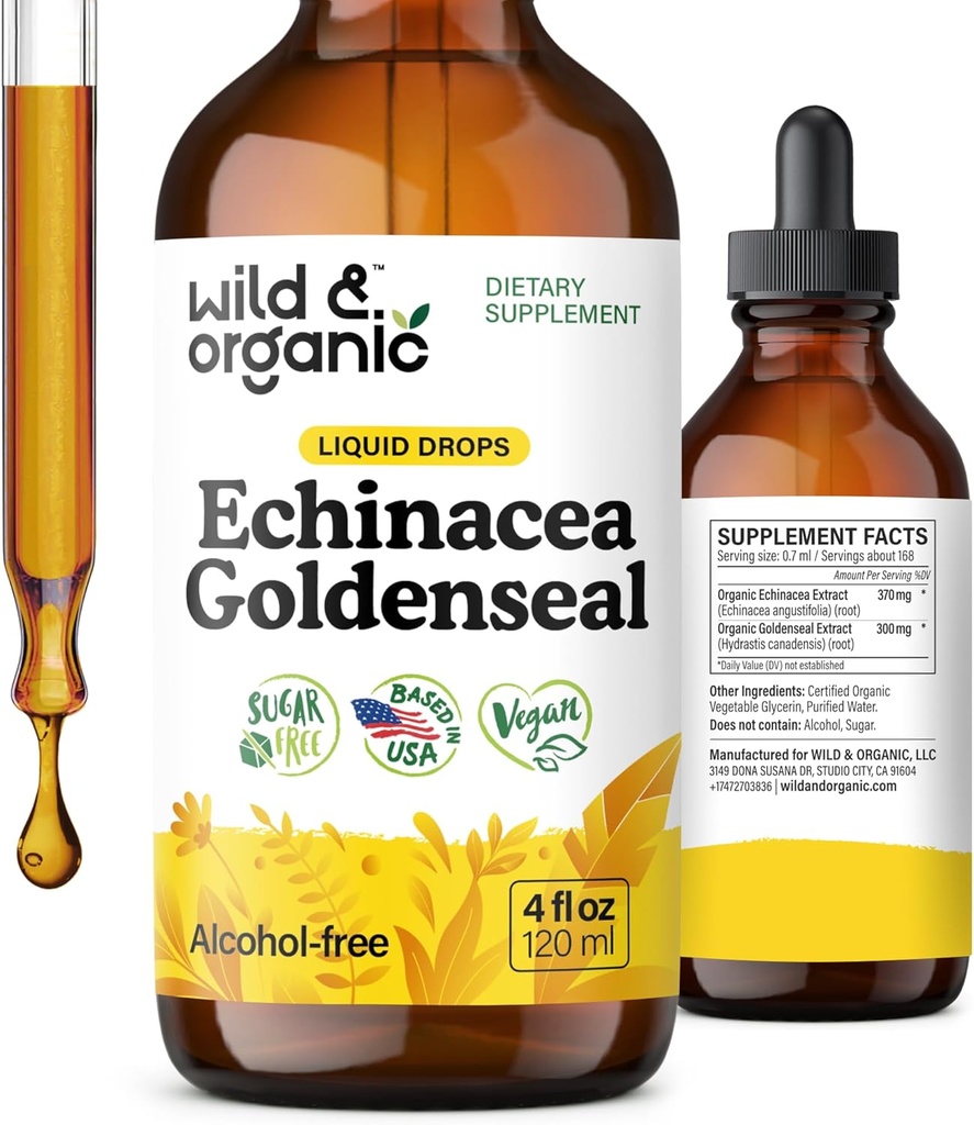 Wild &amp; Organic Echinacea Goldenseal Tincture - Immune Support Drops with Echinacea and Goldenseal Root Extract - Vegan, Sugar &amp; Alcohol-Free Liquid Supplement - 4 fl oz