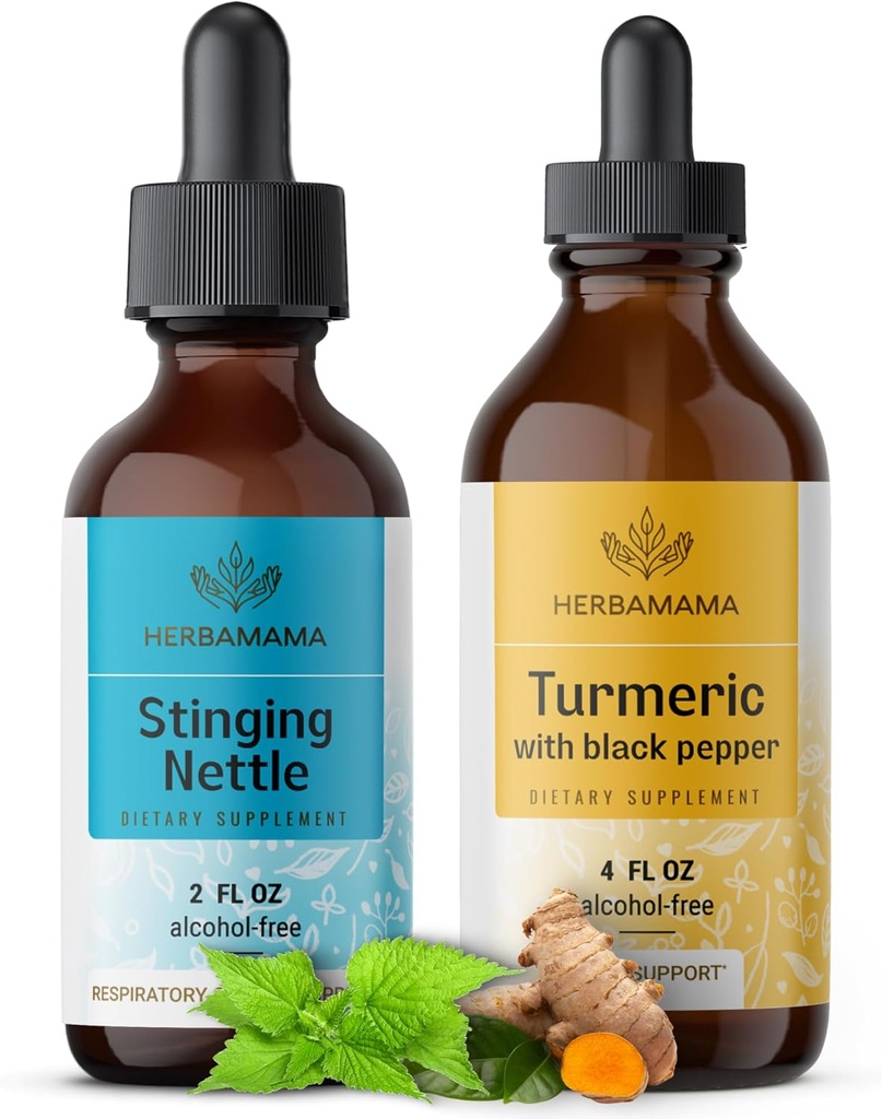 HerbAMAMA Herbal Liquid Drops Kit - Bundle of Stinging Nettle 2 fl oz & Turmeric Curcumin Tincture 4 fl oz - Vegan, Non-GMO, Sugar &amp; Alcohol-Free - 2 Pack