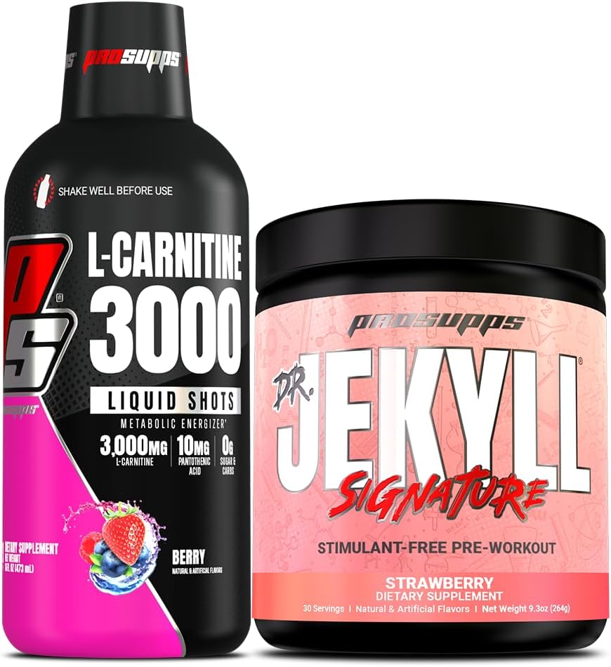 PROSUPPS L-Carnitine 3000 Stimulant Free Liquid Shots (Berry) Dr. Jekyll Signature Intense Focus, Energy &amp; Pumps Pre-Workout Powder (Strawberry) Bundle