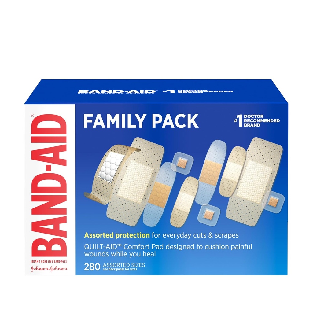 Bandejas adhesivas de la marca Bandages Family Variety Pack, Sheer &amp; Clear Flexible Sterile Bandages para primeros auxilios Cuidado de la herida para cortes menores " Scrapes, tamaños surtidos, 280 ct