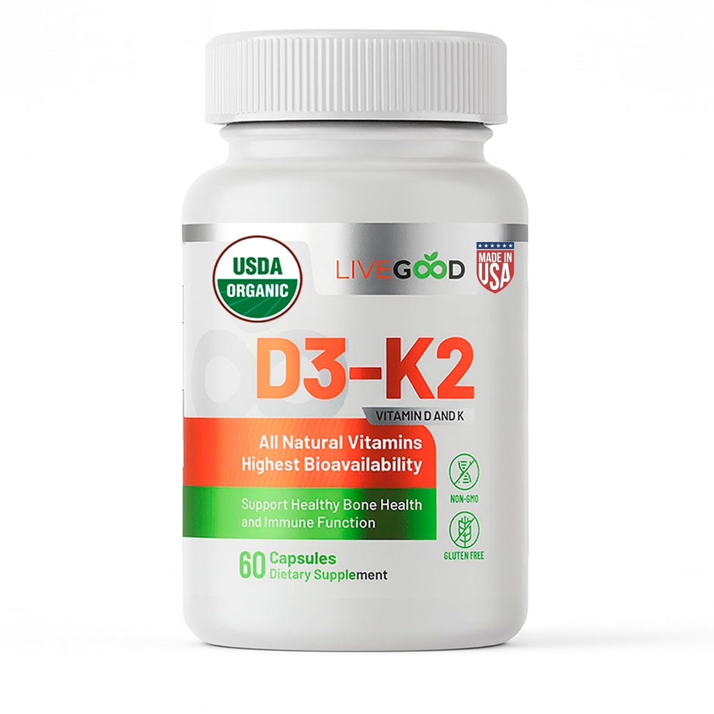 LIVEGOODTM Vitamin D3 + K2 All Natural Bone, Muscle & Immune System Support, Vegan " Non-GMO, 60 cápsulas