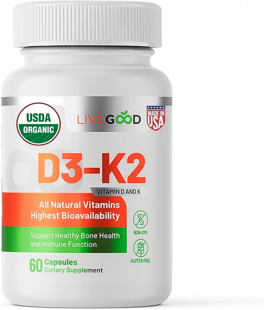 LIVEGOODTM Vitamin D3 + K2 All Natural Bone, Muscle & Immune System Support, Vegan " Non-GMO, 60 cápsulas