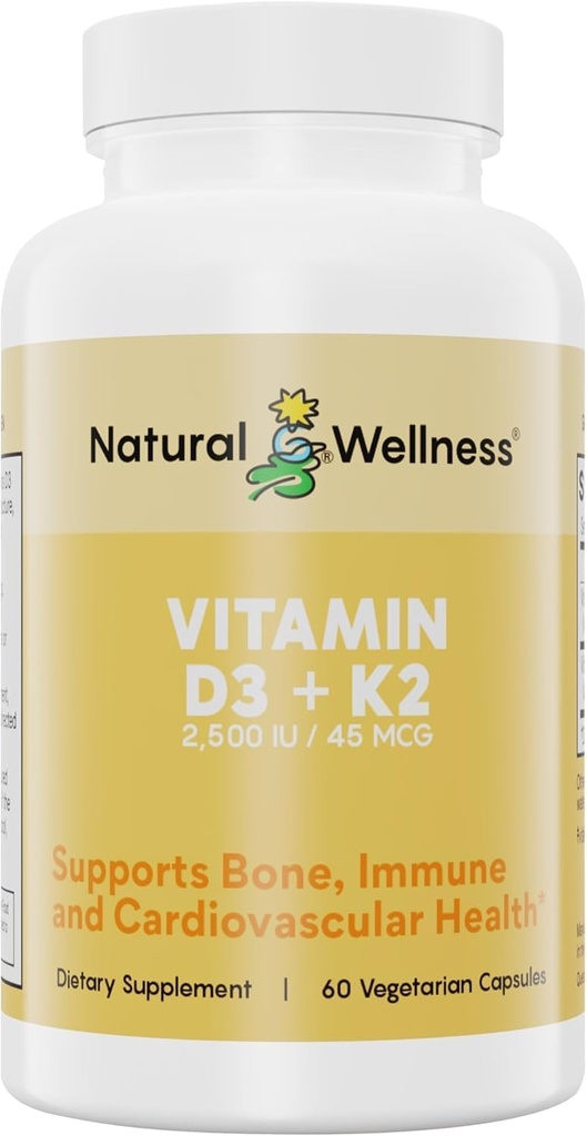 Natural Wellness Vitamina D3 + K2 – High Potency Vitamin D3 2500 UI & K2 MK-7 45 mcg – Apoya Bone Strength, Heart Health, Immunity & Metabolism - All-in-One Natural Vegan Suplemento, 90 cápsulas