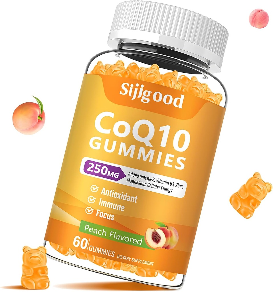 Azúcar CoQ10 Gummies, Plus Omega-3, Vitamina B3 y Zinc, Magnesio, 5X Alta Absorción Coenzima Q10 Suplementos, q10 Boost Cellular Energy, Potente Antioxidante & Cerebro, Peach Flavor, 60 Cts