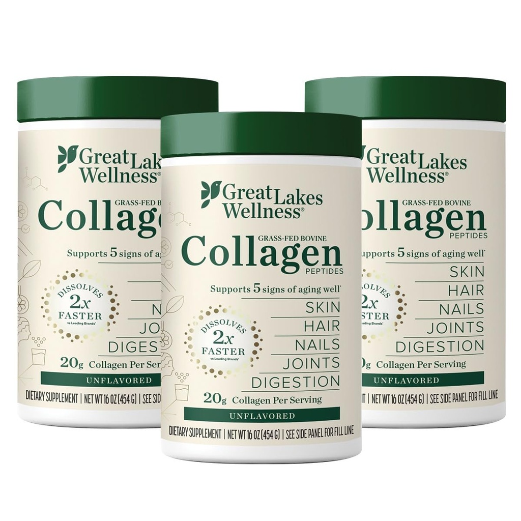 Grandes Lagos Wellness Collagen Peptides Polvo para la piel, el pelo, uñas, juntas " Digestión - Desarrollado - Quick Dissolve Hidrolyzed, Non-GMO, Keto, Kosher - 16 oz - 3 Pack