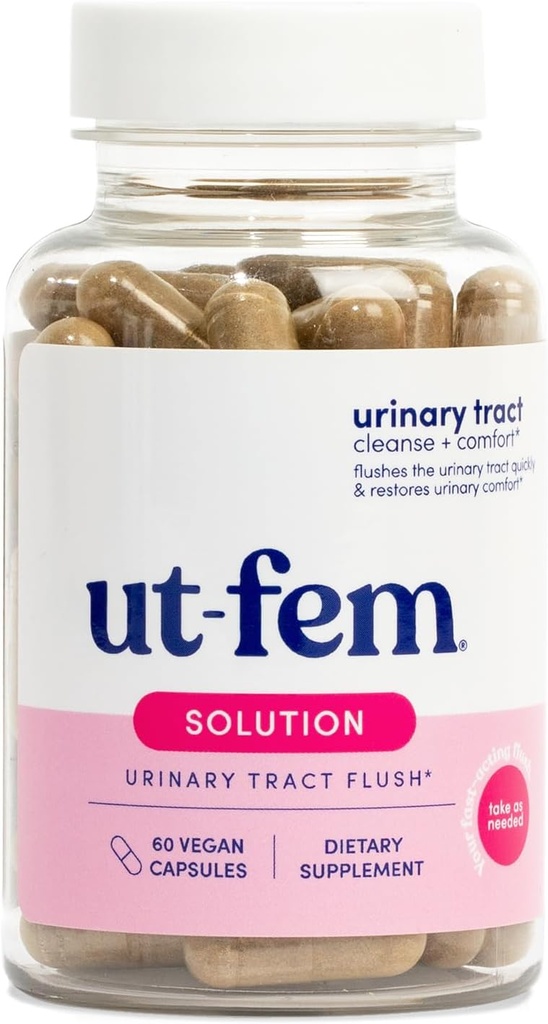 Solución UT-Fem - Flush Urinary Tract de acción rápida para las mujeres, Proactive UTI Support, Promotes Cleansing & Comfort, Clinical-Strength D-Mannose, Cranberry, and Natural Ingredients - 60 cápsulas Vegan