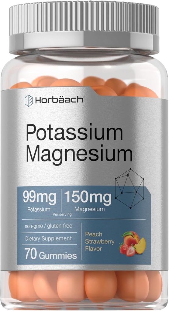 Horbäach Potassium Magnesium Supplement Gummies ← Peach Strawberry Flavor  70 Cuenta ← Vegan, Non-GMO, and Gluten Free Formula