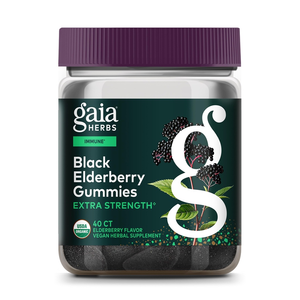 Gaia Herbs Black Elderberry (Sambucus nigra) Extra Strength Gummies - Delicious Immune Support Supplement* - Certified Organic Black Elderberries for Immune System Support* - 40 Gummies (20 Servings)