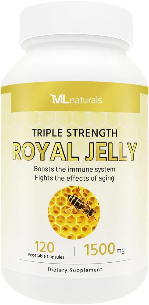 ML Naturals Royal Jelly 1500mg 120 Vegetable Capsules, Equivalente con 6% (27mg) 10-HDA. Freeze-Dried, Gluten Free, NSF-Certified & cGMP-Compliant
