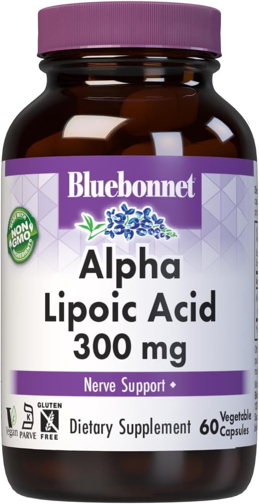 BlueBonnet Alpha Lipoic Acid 300mg - Powerful Antioxidant Nerve Support Supplement for Women &amp; Hombre - Non-GMO, Vegan, Kosher - Gluten-Free, Soy-Free, Dairy-Free - 60 cápsulas vegetales