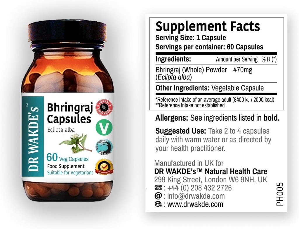 DR WAKDE'S Bhringraj Capsules (False Daisy, Eclipta alba, 60 Veg Caps, Suplemento de base vegetal, hierba ayurvédica, todo natural, vegano)