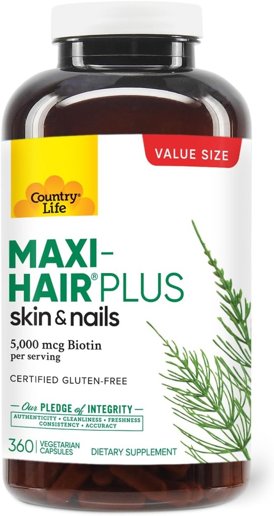 Country Life Maxi-Hair Plus 5000 mcg Biotin, 360 cápsulas, Certified Gluten Free, Certified Vegetarian