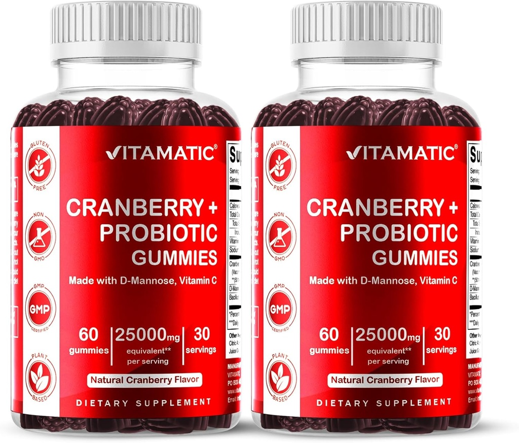 Vitamatic 2 Pack Vegan Cranberry Gummies con D-Mannose, Probiótico & Vitamina C para Mujeres Salud Urinaria - 25000mg Equivalente por Serving (de 50:1 Extracto 500 mg) - 60 Con