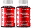 Vitamatic 2 Pack Vegan Cranberry Gummies con D-Mannose, Probiótico & Vitamina C para Mujeres Salud Urinaria - 25000mg Equivalente por Serving (de 50:1 Extracto 500 mg) - 60 Con