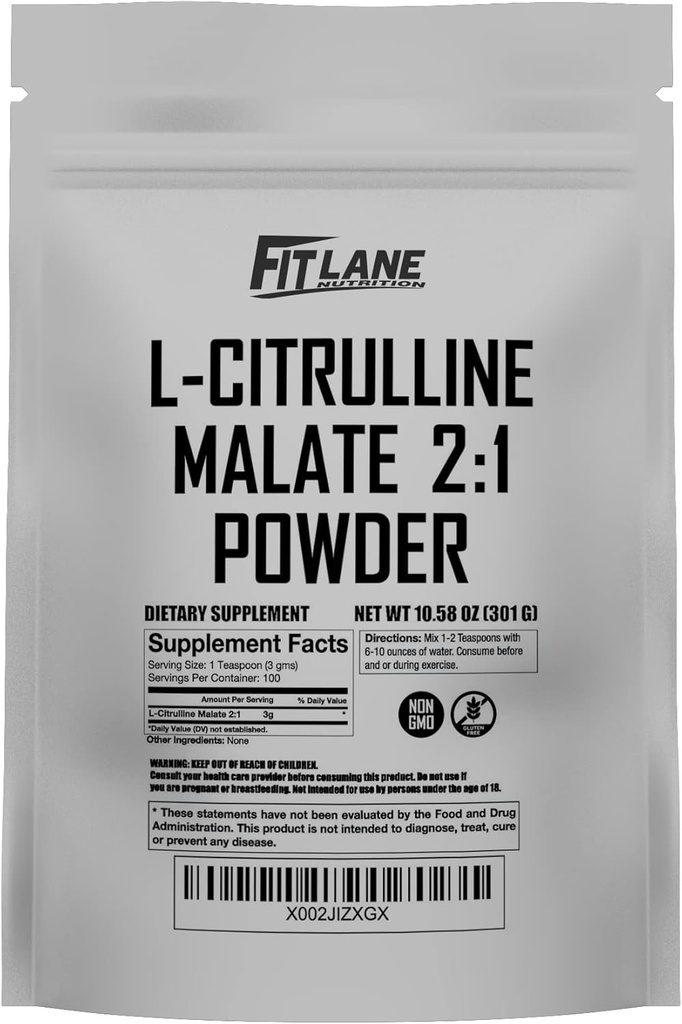 L Citrulline Malate 2 1 Polvo 300 Gramos - Ingrediente a granel - Forma libre Aminoácidos Pre Workout Suplemento - Raw y puro sin aditivos por Fit Lane Nutrition.