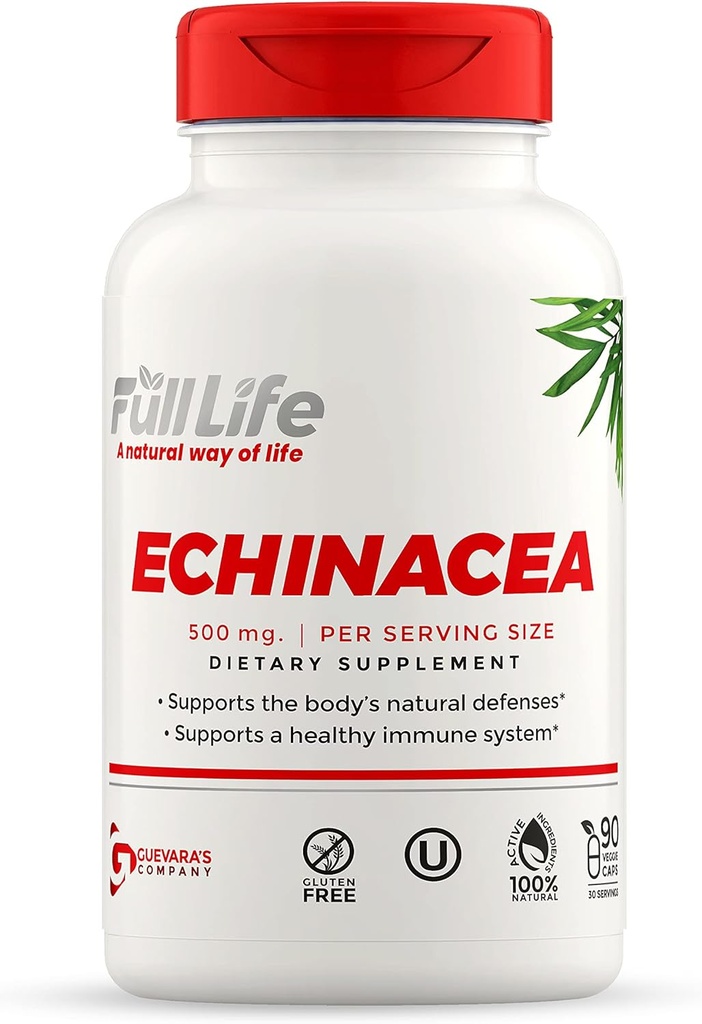 Full Life Echinacea Capsules - Suplementos dietéticos Herbal - Suplemento de Apoyo Inmunitario - Pilas de Echinacea Purpurea para Mujer y Hombre -Kosher, Gluten Gratis - 90 cápsulas de verduras