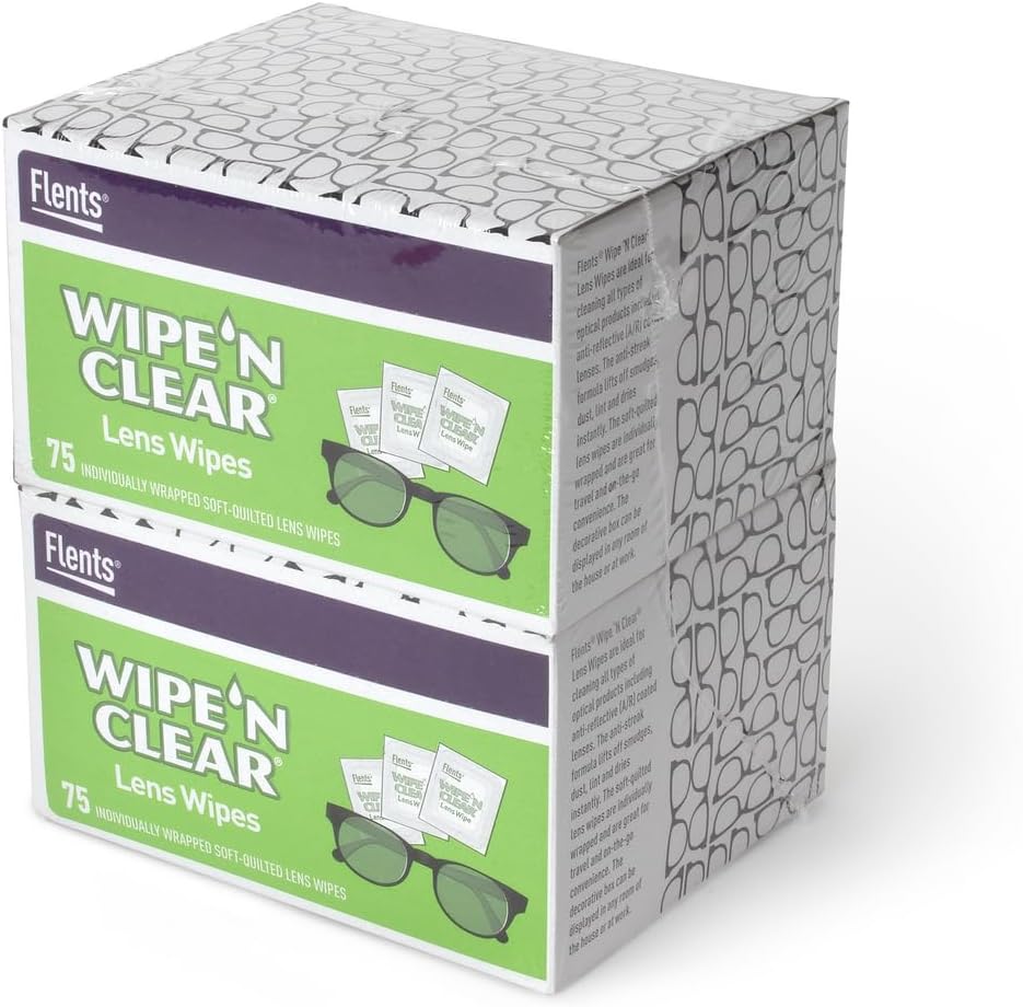 Flents Lens Wipes, Wipe 'N Clear, 150 Conde, Pre-Moistened, Streak-Free, Caja fuerte para cristales, gafas de sol, Limpieza suave, Visión clara, Accionada individualmente para viajar " Convenience, Made in the USA