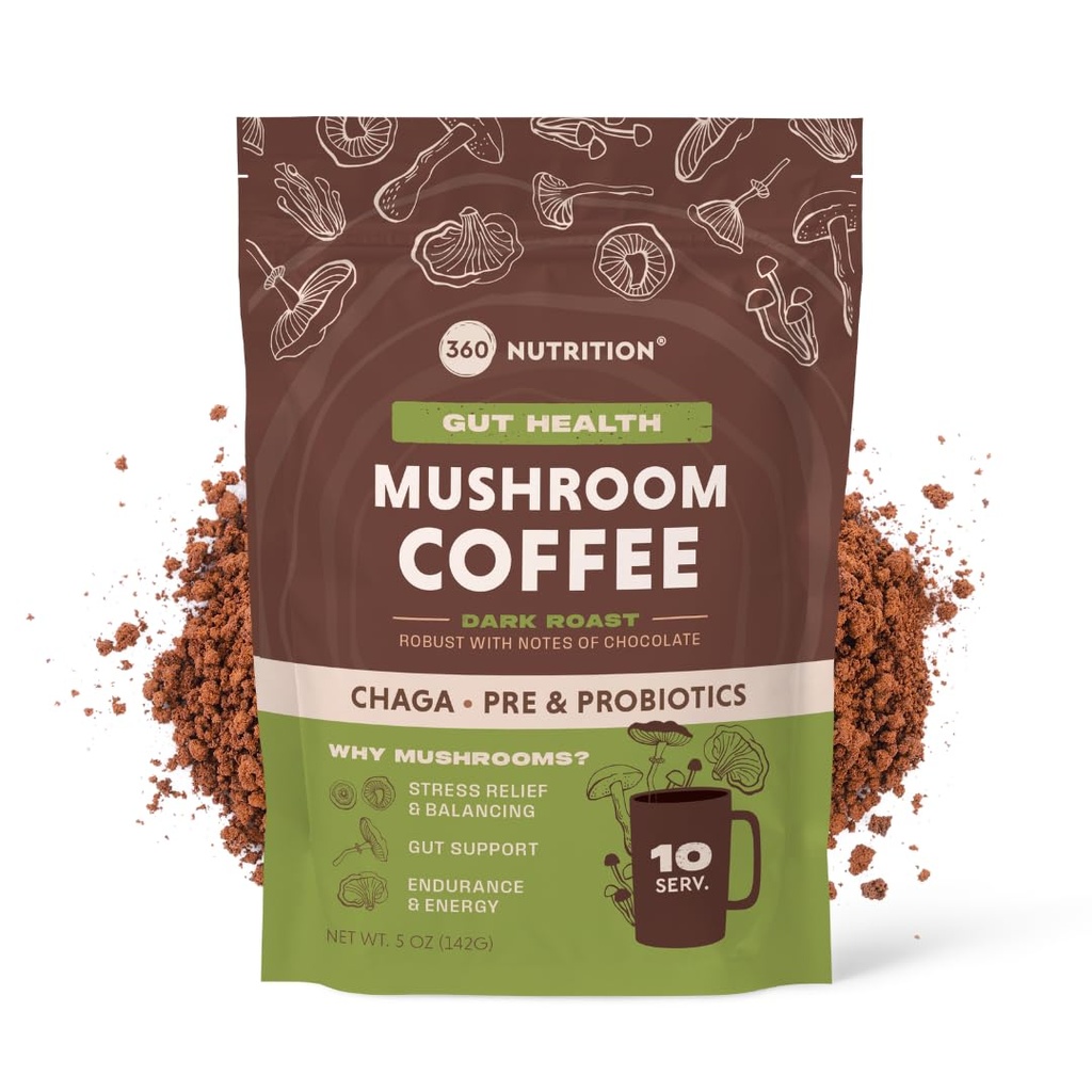 360 Nutrición Café de cuarto de baño instantáneo con chaga Superfood Mushroom y Prebióticos, Probióticos para Gut Health, y Focus Support ¦ Dark Roast, No Añadido Sugar 5 oz (Gut Blend)