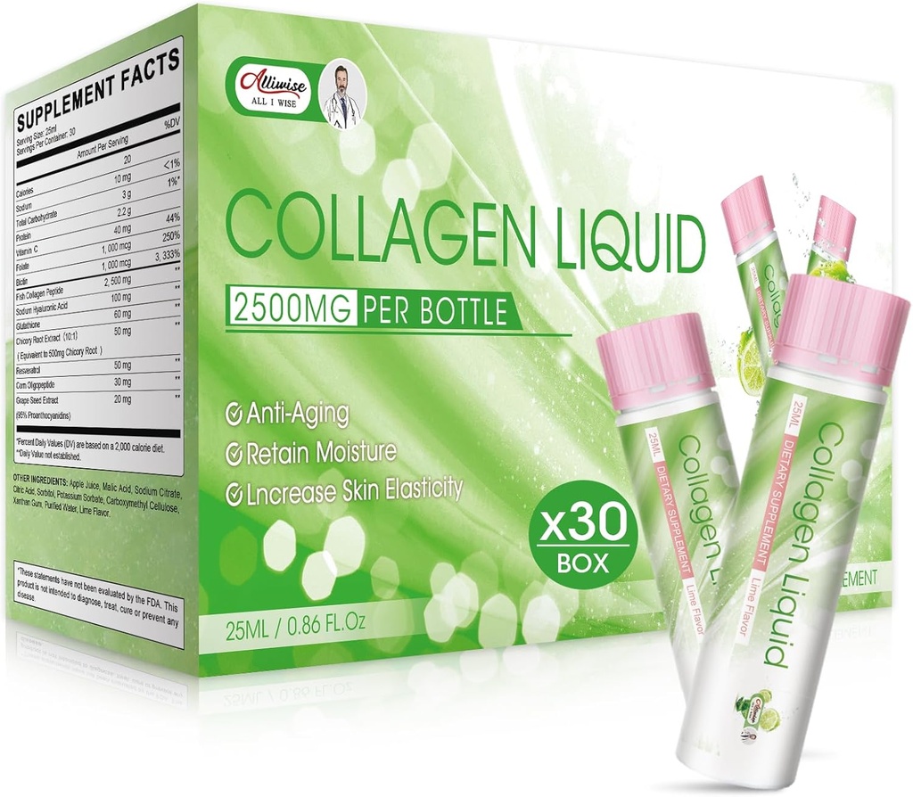 Liquid Collagen for Women, 2500mg Beauty Collagen Drink with Marine Collagen Peptides Glutathione Anti-Aging, Retain Moisture, Vitamin C & Biotin for Skin Revitalization(Pack of 30)-Lemon Flavor